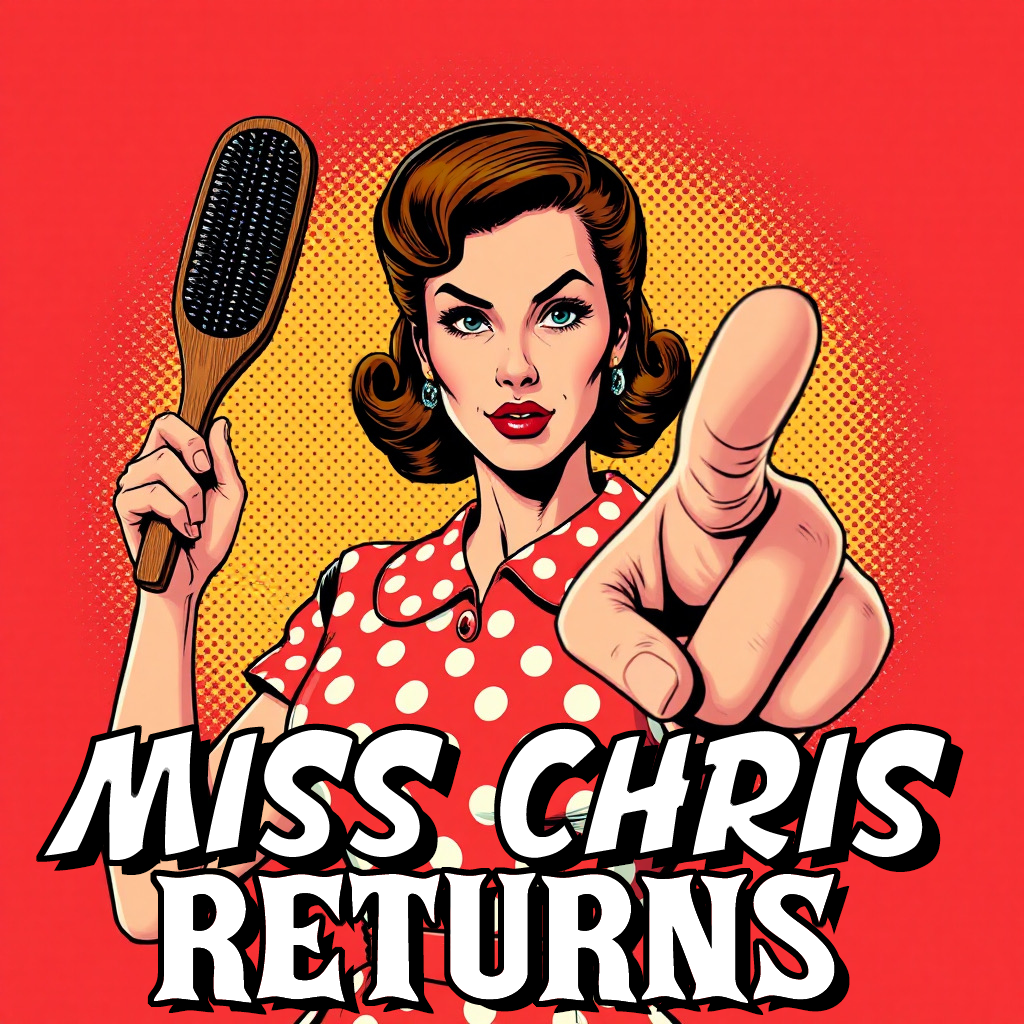 An AI generated comicbook-style image of a 1950s Miss Chris style stern-looking woman holding a hairbrush.